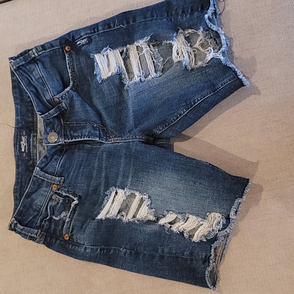 Silver Jean Shorts Distressed Stretch Bermuda Size 25